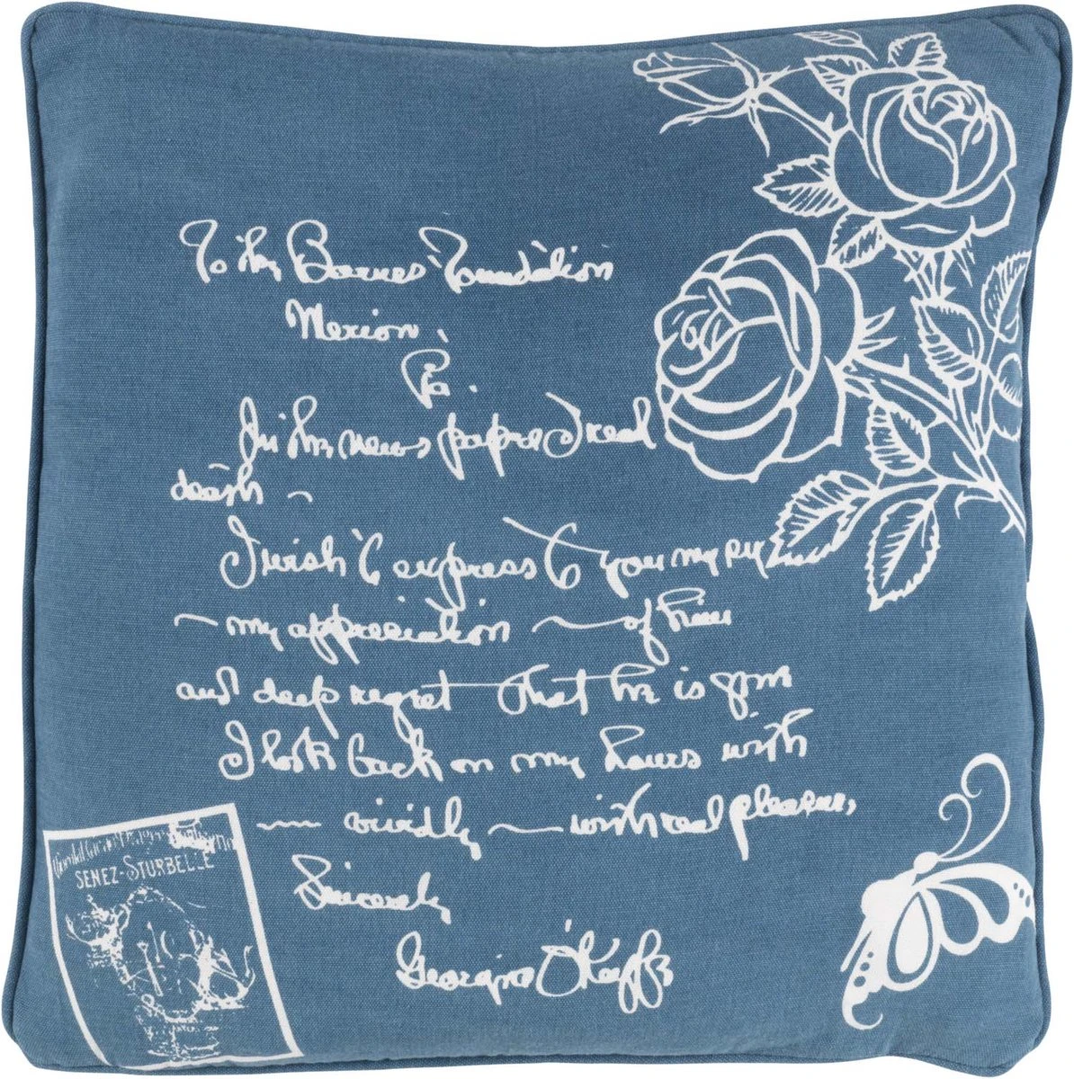 ROOS - Kussenhoes Katoen 45x45 Cm - Blauw - Wit - Rozen En Tekst - Exclusief Binnenkussen 1 ROOS - Kussenhoes Katoen 45x45 Cm - Blauw - Wit - Rozen En Tekst - Exclusief Binnenkussen