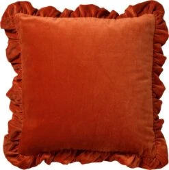 YARA - Kussenhoes 100% Katoen 45x45 Cm Velvet - Potters Clay - Oranje - Ruches Rondom - Met Rits