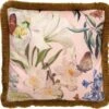 HANNA - Kussenhoes Velvet - 45x45 Cm - Dusty Pink - Roze Bloemen - Vlinders - Franjes - Exclusief Binnenkussen
