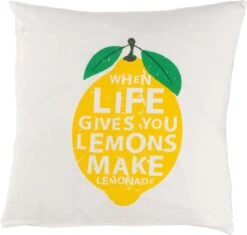 LARA - Kussenhoes Katoen 45x45 Cm - Ivoor / Wit - When Life Give You Lemons Make Lemonade - Citroen - Exclusief Binnenkussen