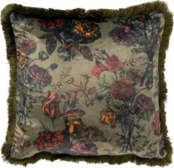 YASMIN - Kussenhoes Velvet 45x45 Cm Military Olive - Groen - Franjes - Exclusief Binnenkussen