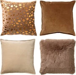Set Van 4 Sierkussens - Bruin - Beige - TINO - CAITH - FLUFFY - CAITH - Inclusief Vulling