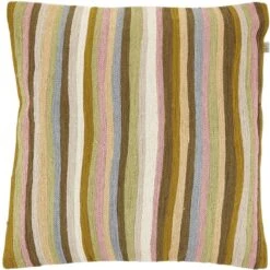 SARU - Sierkussen Geborduurd 45x45 Cm - Geel - Donker Lime - Streepjes - Retro - Inclusief Binnenvulling