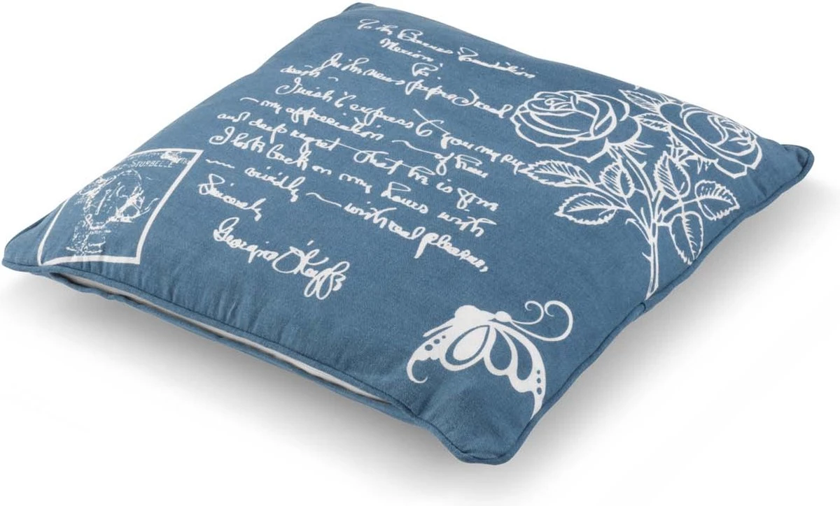 ROOS - Kussenhoes Katoen 45x45 Cm - Blauw - Wit - Rozen En Tekst - Exclusief Binnenkussen 4 ROOS - Kussenhoes Katoen 45x45 Cm - Blauw - Wit - Rozen En Tekst - Exclusief Binnenkussen - Afbeelding 4